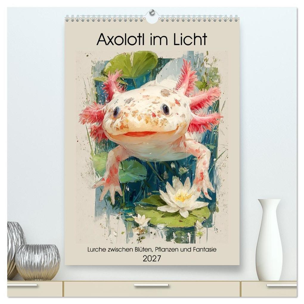 Axolotl im Licht. Lurche zwischen Blüten Pflanzen und Fantasie (hochwertiger Premium Wandkalender 2027 DIN A2 hoch) Kunstdruck in Hochglanz