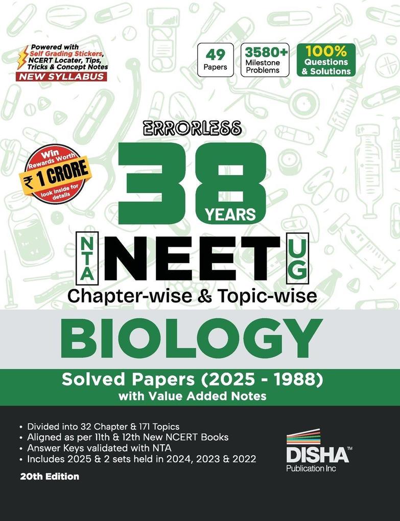 Disha Errorless 38 Years NTA NEET (UG) Chapter-wise & Topic-wise Biology PYQ (2025 - 1988) Book 20th Edition | Solved Papers | New NCERT Syllabus | Errorless Biology NEET 2026 | Value Added Notes
