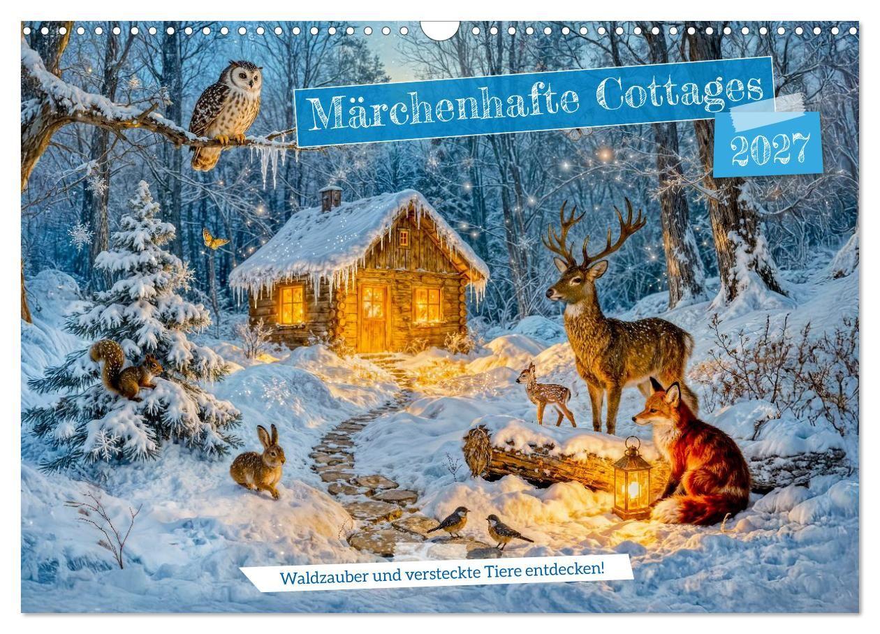 Märchenhafte Cottages - Waldzauber und versteckte Tiere entdecken! (Wandkalender 2027 DIN A3 quer) CALVENDO Monatskalender
