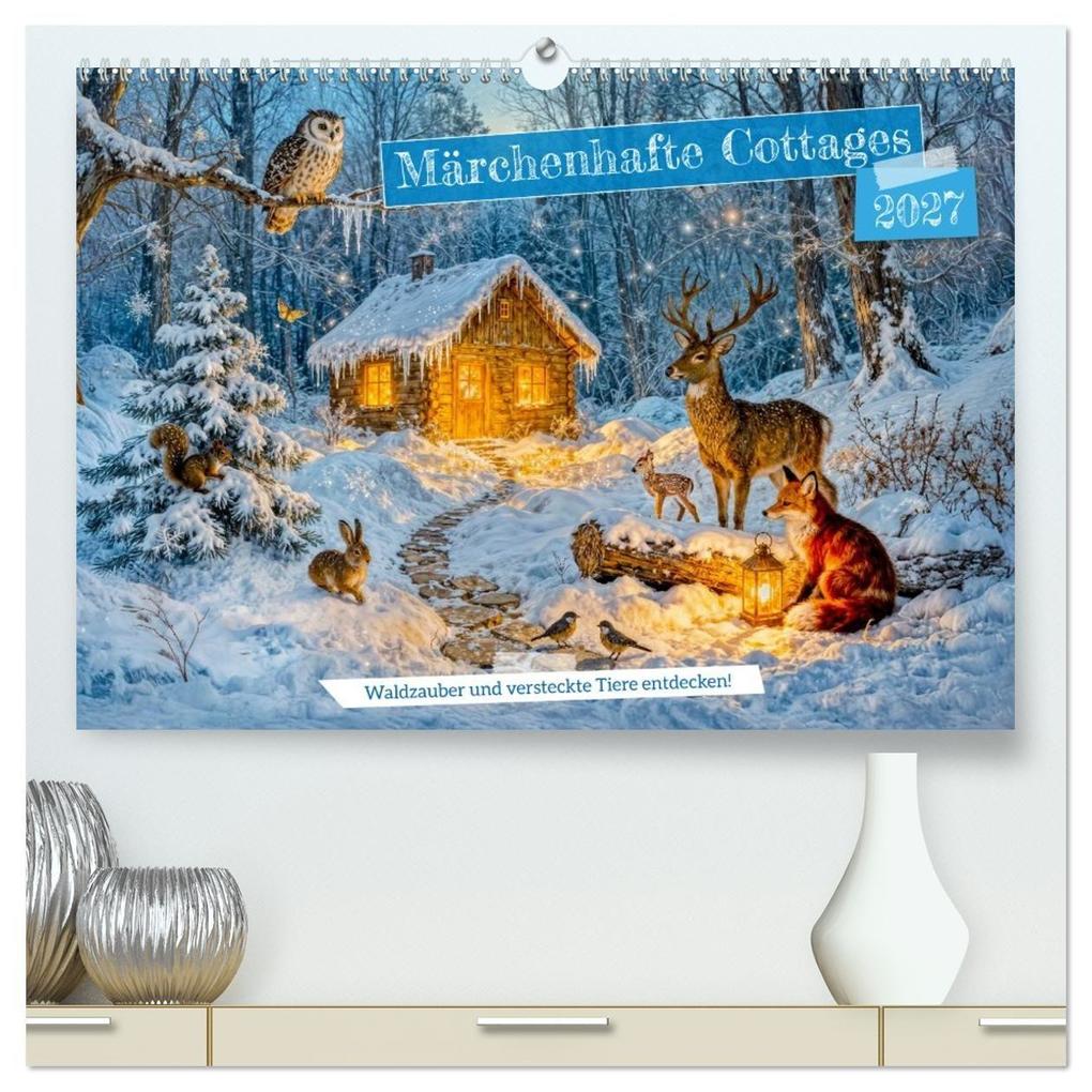 Märchenhafte Cottages - Waldzauber und versteckte Tiere entdecken! (hochwertiger Premium Wandkalender 2027 DIN A2 quer) Kunstdruck in Hochglanz