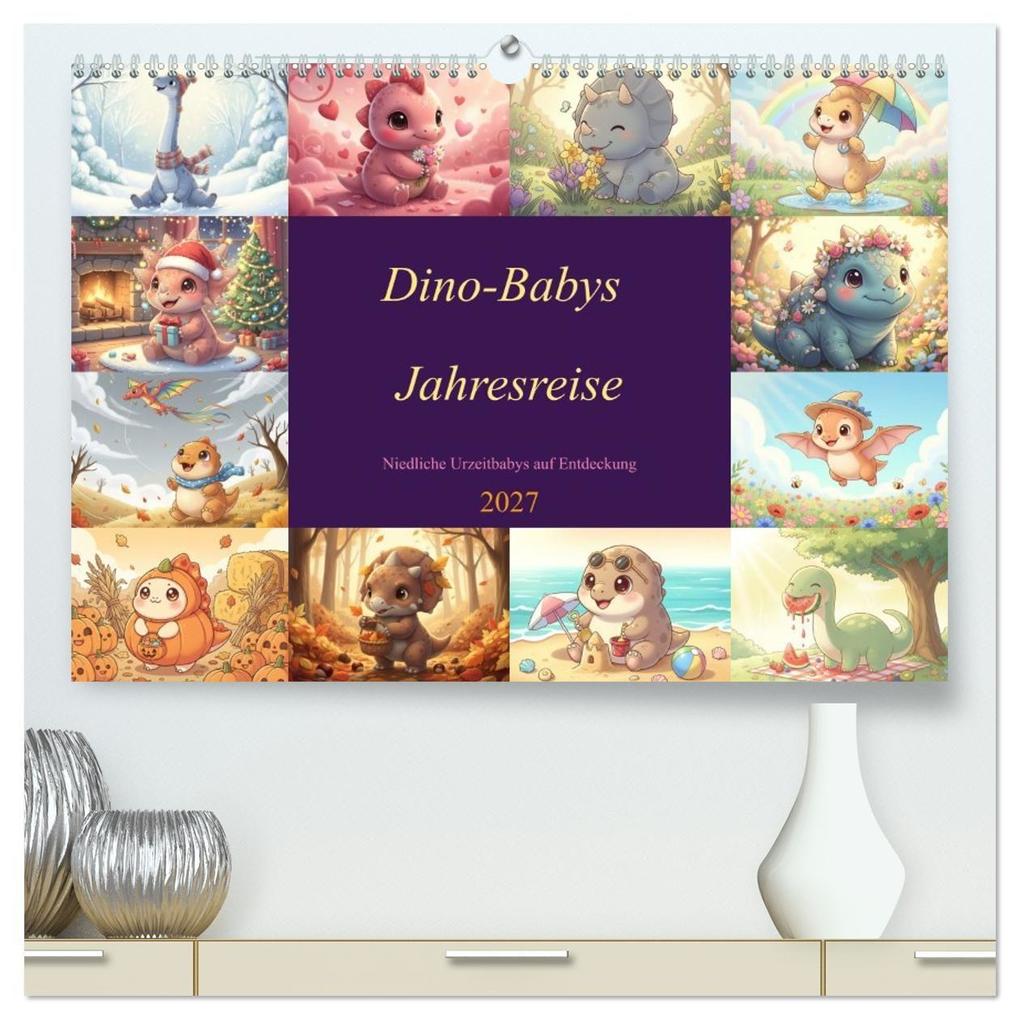 Dino-Babys Jahresreise (hochwertiger Premium Wandkalender 2027 DIN A2 quer) Kunstdruck in Hochglanz