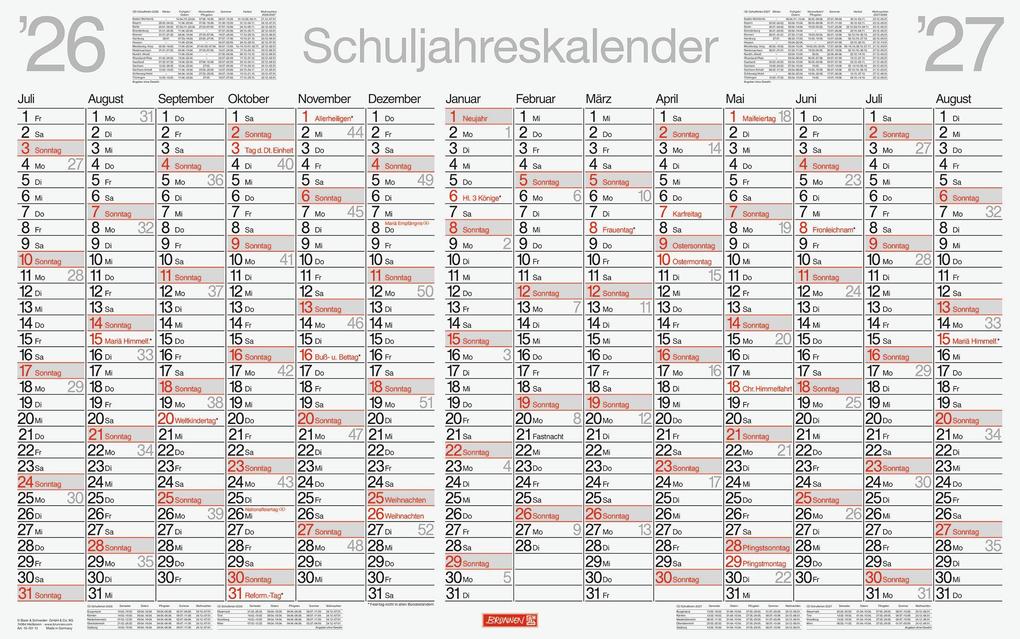 Schuljahreskalender 2026/2027 abwischbar | 750×470 mm