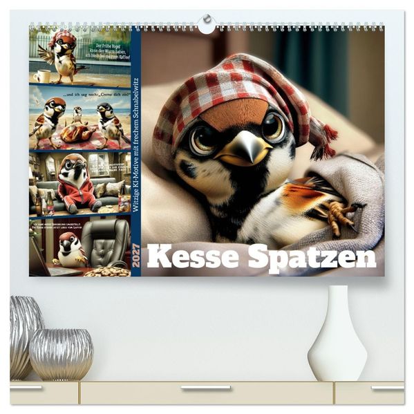 Kesse Spatzen (hochwertiger Premium Wandkalender 2027 DIN A2 quer) Kunstdruck in Hochglanz