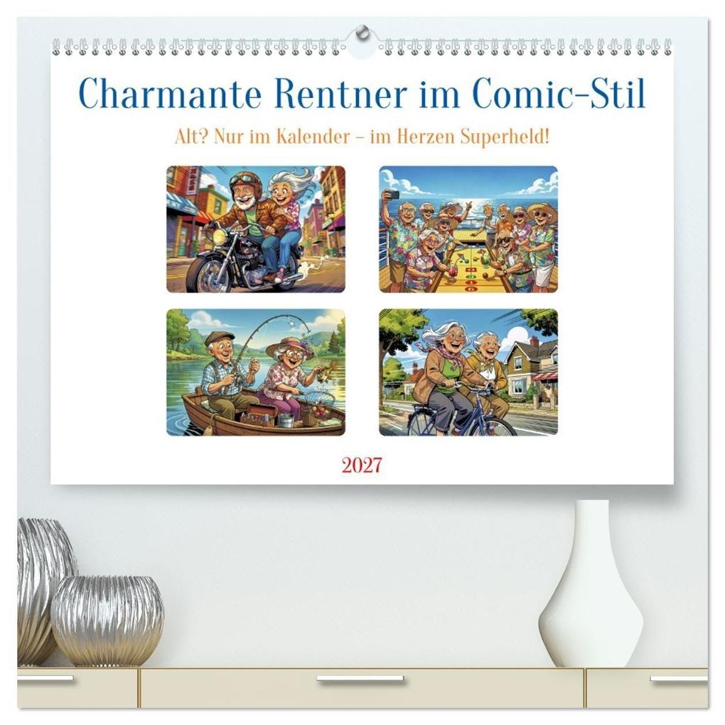Charmante Rentner im Comic-Stil (hochwertiger Premium Wandkalender 2027 DIN A2 quer) Kunstdruck in Hochglanz
