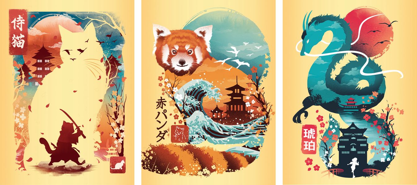 Minipuzzle-Trio 100 Teile - Ukiyo-e Katzenkrieger Roter Panda & Drache