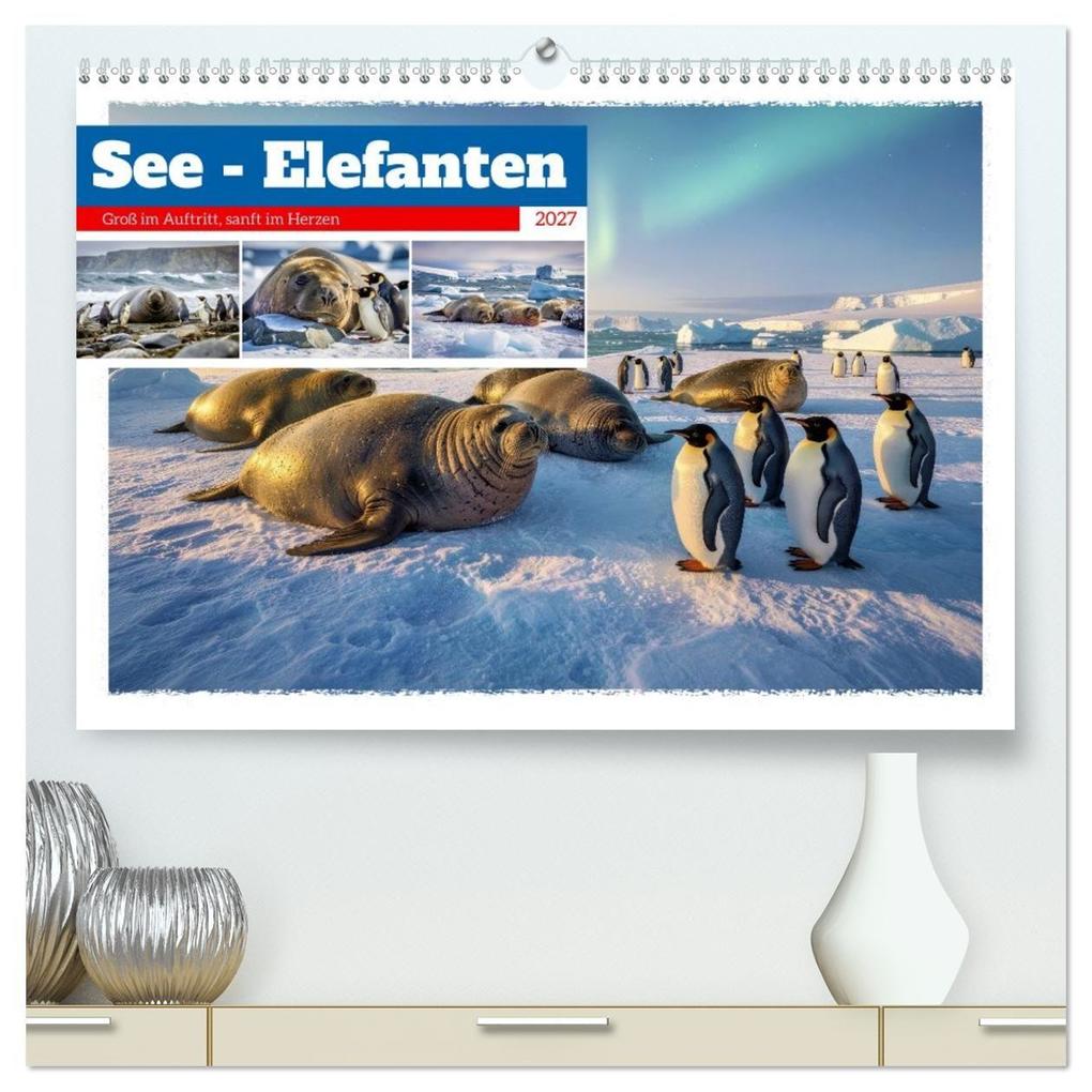 See - Elefanten (hochwertiger Premium Wandkalender 2027 DIN A2 quer) Kunstdruck in Hochglanz