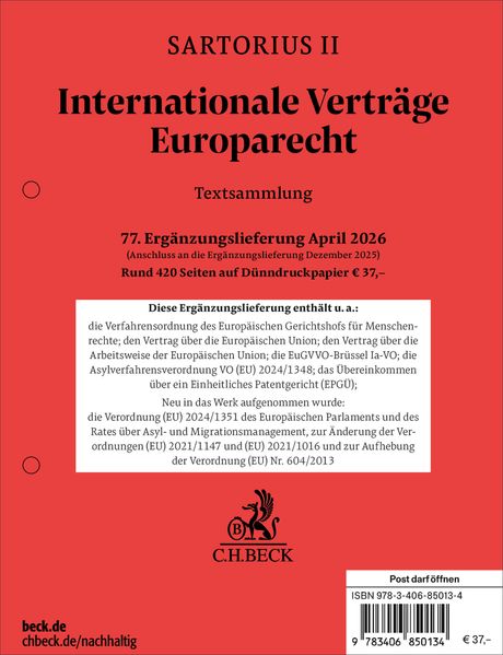 Sartorius II. Internationale Verträge Europarecht 77. Ergänzungslieferung