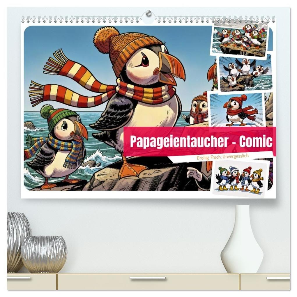 Papageientaucher - Comic (hochwertiger Premium Wandkalender 2027 DIN A2 quer) Kunstdruck in Hochglanz