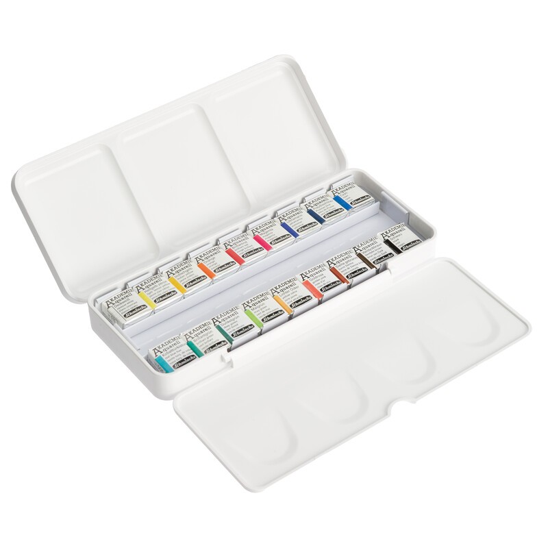 Schmincke AKADEMIE Aquarell Malkasten Kunststoffset 18 x 1/2 Näpfchen mit Gummiband