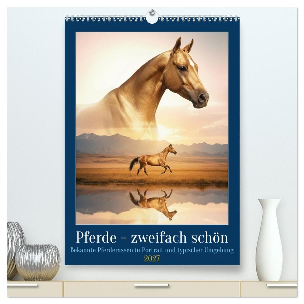 Pferde - zweifach schön (hochwertiger Premium Wandkalender 2027 DIN A2 hoch) Kunstdruck in Hochglanz