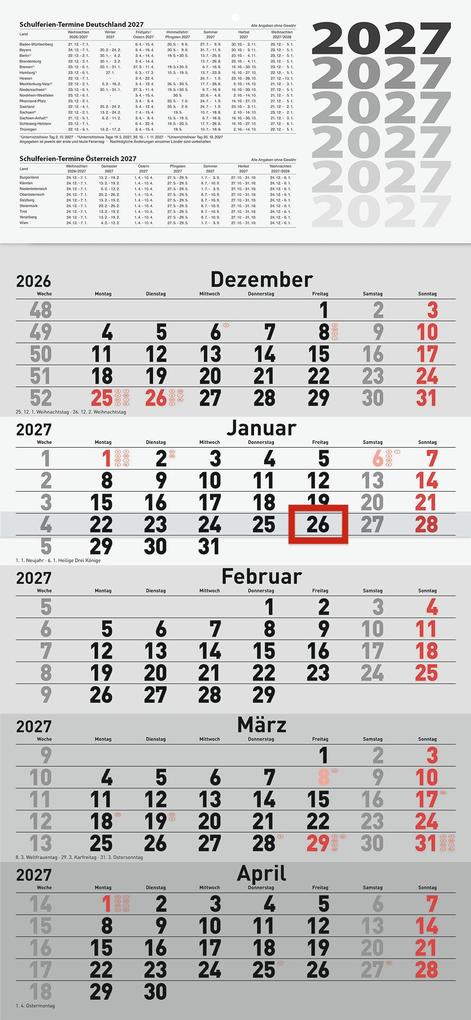 rido/idé 7033520007 5-Monatskalender 2027 grau 300×630 mm