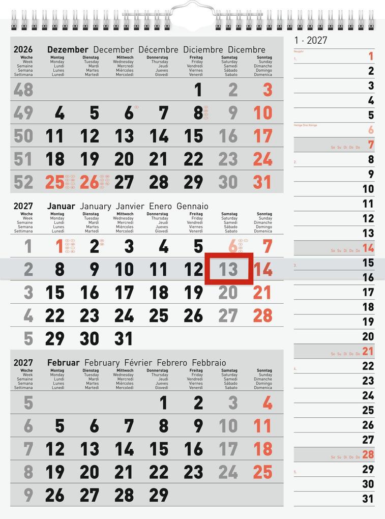 rido/idé 7033330007 3-Monatskalender 2027 grau 300×390 mm