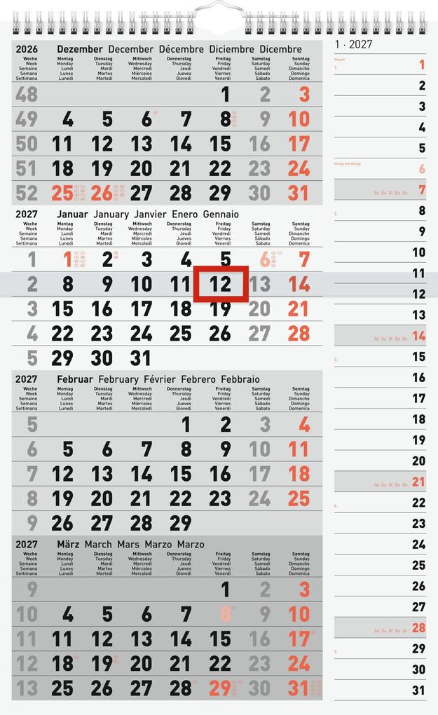 rido/idé 7033430007 4-Monatskalender 2027 grau 300×490 mm