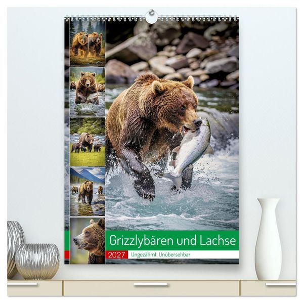 Grizzlybären und Lachse (hochwertiger Premium Wandkalender 2027 DIN A2 hoch) Kunstdruck in Hochglanz