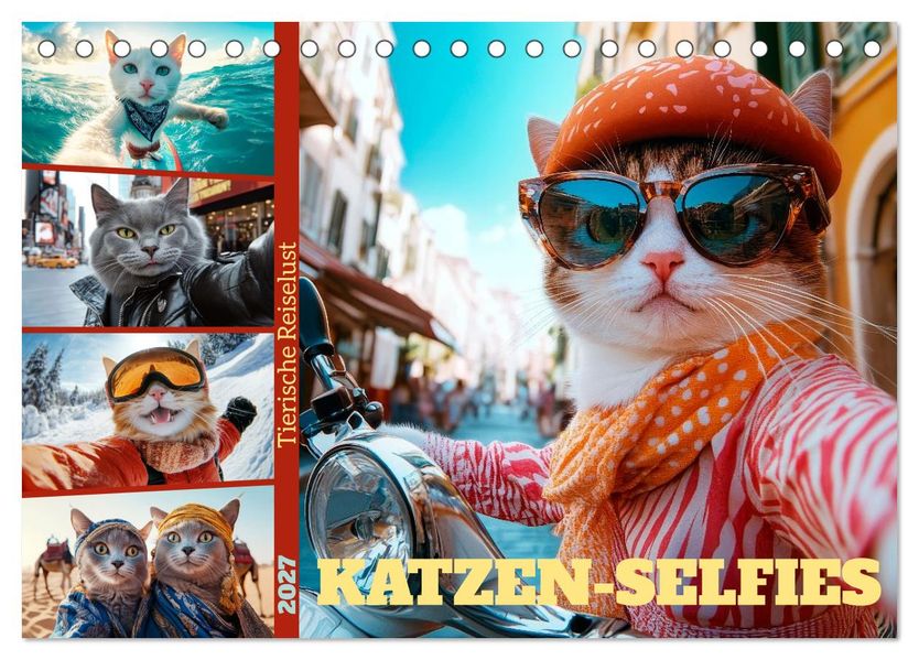 KATZEN-SELFIES Tierische Reiselust (Tischkalender 2027 DIN A5 quer) CALVENDO Monatskalender