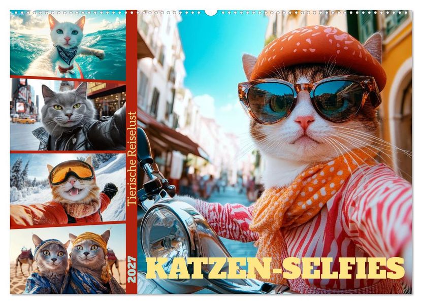 KATZEN-SELFIES Tierische Reiselust (Wandkalender 2027 DIN A2 quer) CALVENDO Monatskalender
