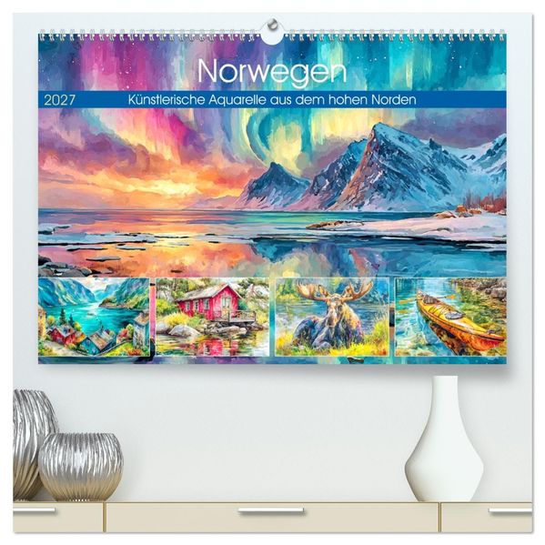 Norwegen. Künstlerische Aquarelle aus dem hohen Norden (hochwertiger Premium Wandkalender 2027 DIN A2 quer) Kunstdruck in Hochglanz