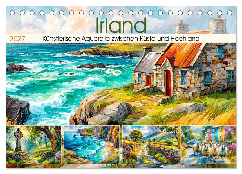 Irland. Künstlerische Aquarelle zwischen Küste und Hochland (Tischkalender 2027 DIN A5 quer) CALVENDO Monatskalender