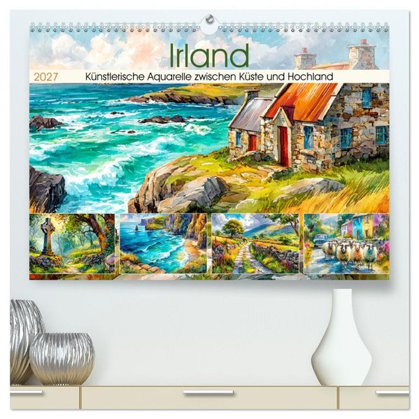 Irland. Künstlerische Aquarelle zwischen Küste und Hochland (hochwertiger Premium Wandkalender 2027 DIN A2 quer) Kunstdruck in Hochglanz