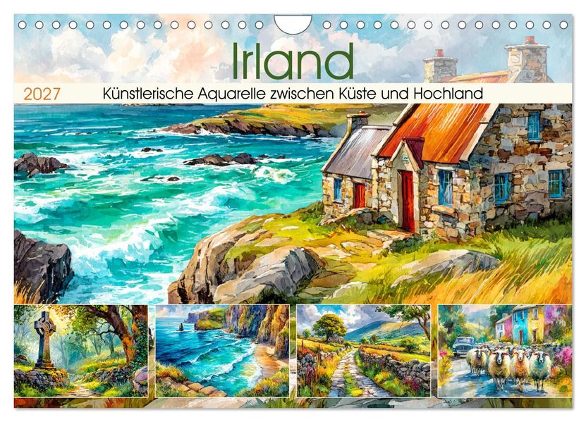 Irland. Künstlerische Aquarelle zwischen Küste und Hochland (Wandkalender 2027 DIN A4 quer) CALVENDO Monatskalender