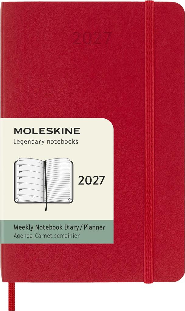 Moleskine 12 Monate Wochen Notizkalender 2027 Pocket/A6 1 Wo = 1 Seite rechts linierte Seite Weicher Einband Scharlachrot