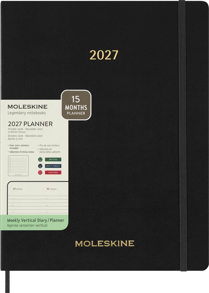 Moleskine 15 Monate Essential Wochenkalender 2026/2027 1 Wo = 2 Seiten vertikal XXL weicher Einband Schwarz