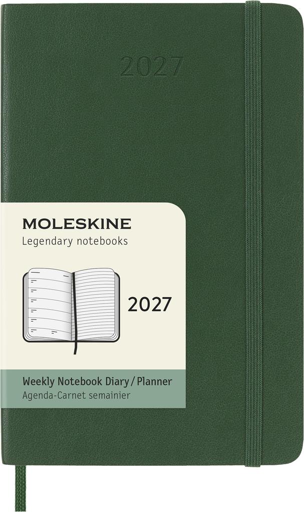 Moleskine 12 Monate Wochen Notizkalender 2027 Pocket/A6 1 Wo = 1 Seite rechts linierte Seite Weicher Einband Myrtengrün