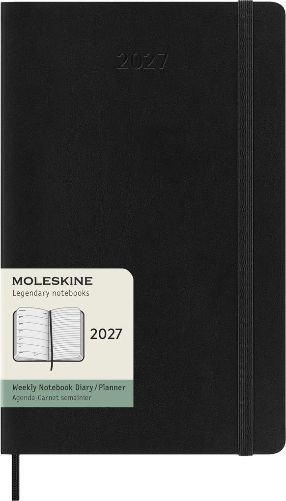 Moleskine 12 Monate Wochen Notizkalender 2027 Large/A5 1 Wo = 1 Seite rechts linierte Seite Weicher Einband Schwarz