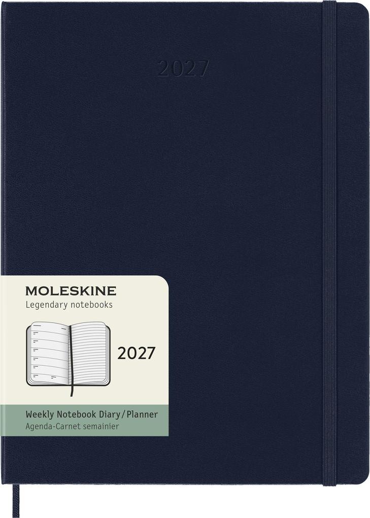 Moleskine 12 Monate Wochen Notizkalender 2027 XL 1 Wo = 1 Seite rechts linierte Seite Fester Einband Saphir