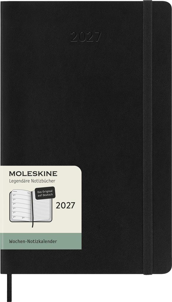 Moleskine 12 Monate Wochen Notizkalender Deutsch 2027 Large/A5 1 Wo = 1 Seite rechts linierte Seite Weicher Einband Schwarz