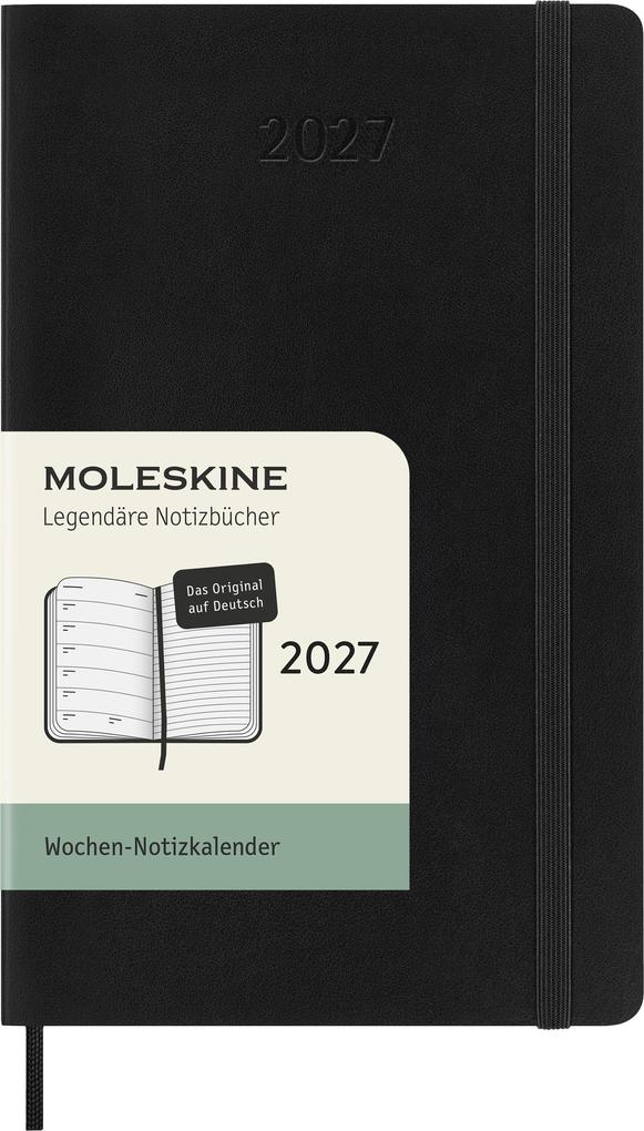 Moleskine 12 Monate Wochen Notizkalender Deutsch 2027 Pocket/A6 1 Wo = 1 Seite rechts linierte Seite Weicher Einband Schwarz