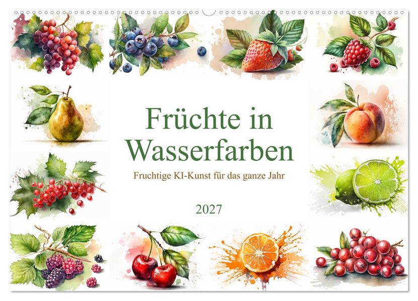 Früchte in Wasserfarben - Fruchtige KI-Kunst für das ganze Jahr (Wandkalender 2027 DIN A2 quer) CALVENDO Monatskalender