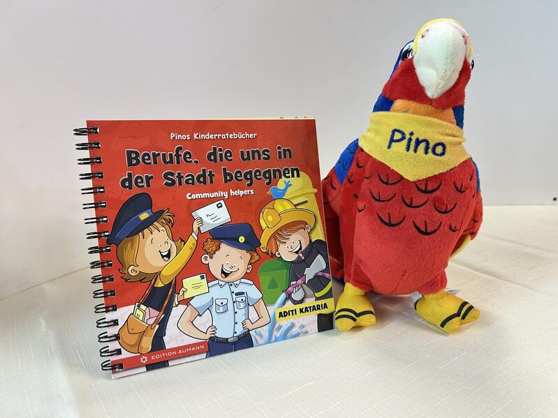 Pinos Kinderratebücher: Berufe die uns in der Stadt begegnen + Pino der Papagei Plüschtier Bundle