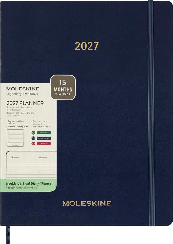 Moleskine 15 Monate Essential Wochenkalender 2026/2027 1 Wo = 2 Seiten vertikal XXL fester Einband Saphirblau