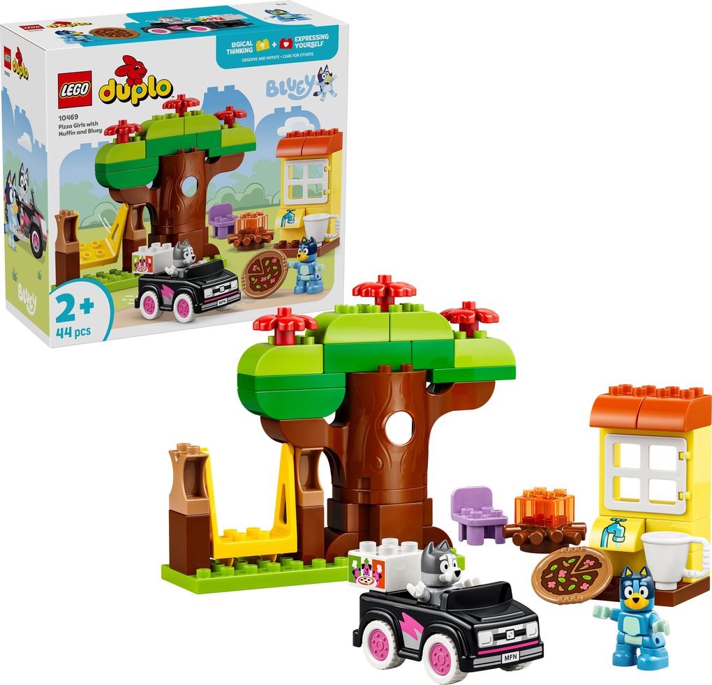10469 LEGO® DUPLO Bluey Pizza-Schwestern mit Muffin und Bluey  Bauspielzeug mit Spielzeugauto, Baum, Schaukel und 2 Figuren