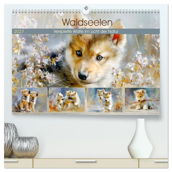 Waldseelen. Verspielte Wölfe im Licht der Natur (hochwertiger Premium Wandkalender 2027 DIN A2 quer) Kunstdruck in Hochglanz