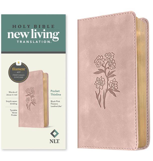 NLT Pocket Thinline Bible Filament Enabled (LeatherLike Blush Pink Flowers Red Letter)