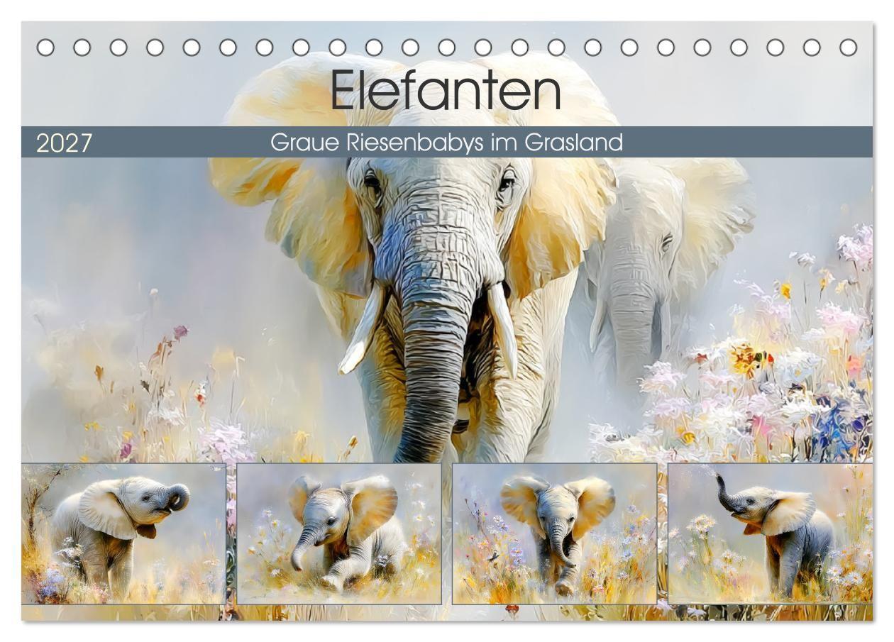 Elefanten. Graue Riesenbabys im Grasland (Tischkalender 2027 DIN A5 quer) CALVENDO Monatskalender