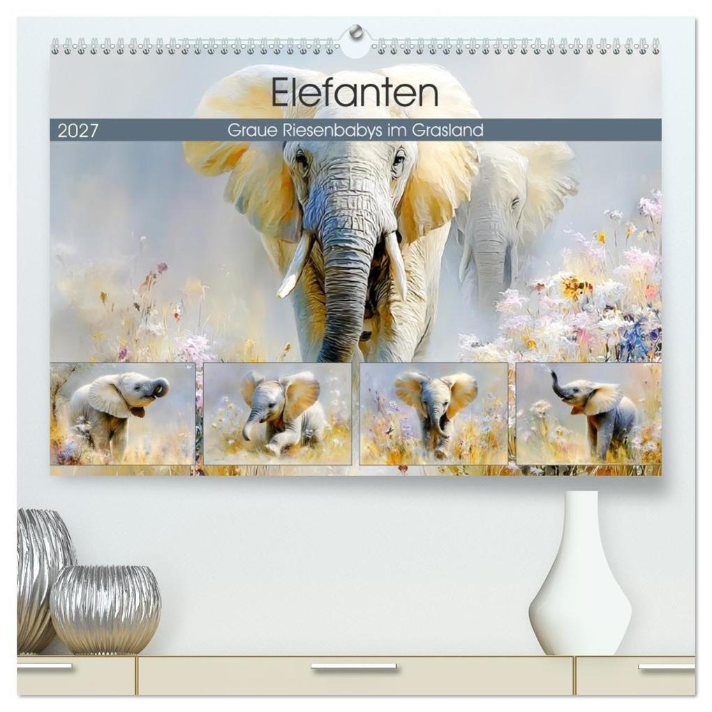 Elefanten. Graue Riesenbabys im Grasland (hochwertiger Premium Wandkalender 2027 DIN A2 quer) Kunstdruck in Hochglanz