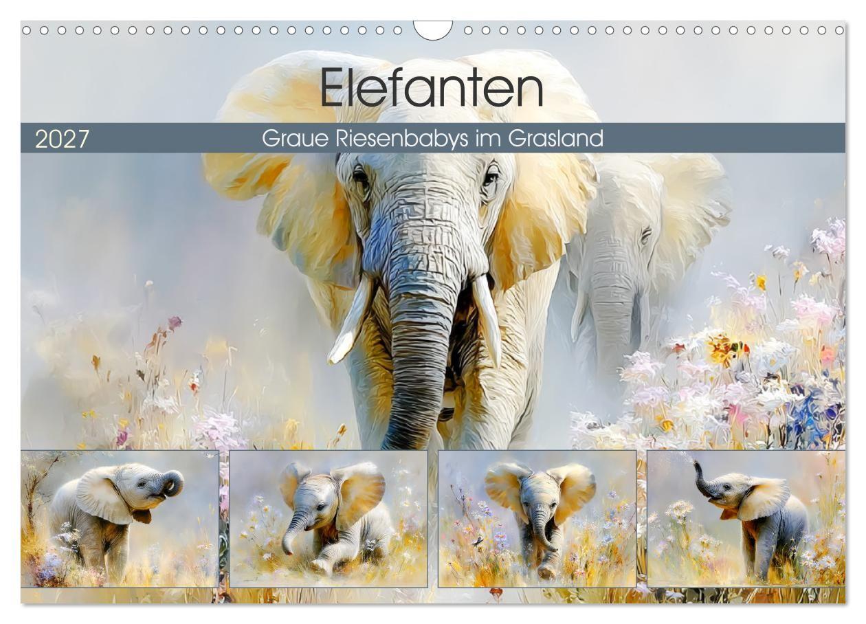 Elefanten. Graue Riesenbabys im Grasland (Wandkalender 2027 DIN A3 quer) CALVENDO Monatskalender