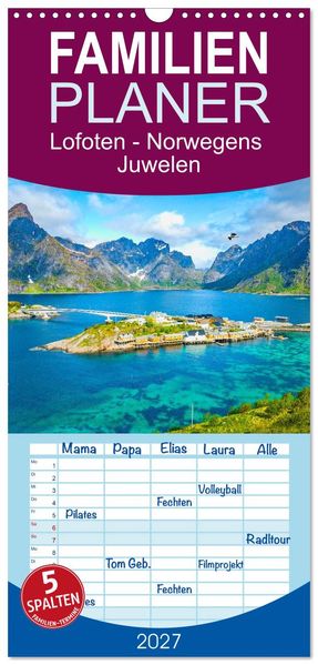 Familienplaner 2027 - Lofoten - Norwegens Juwelen mit 5 Spalten (Wandkalender 21 x 45 cm) CALVENDO