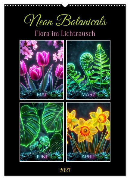 Neon Botanicals - Flora im Lichtrausch (Wandkalender 2027 DIN A2 hoch) CALVENDO Monatskalender
