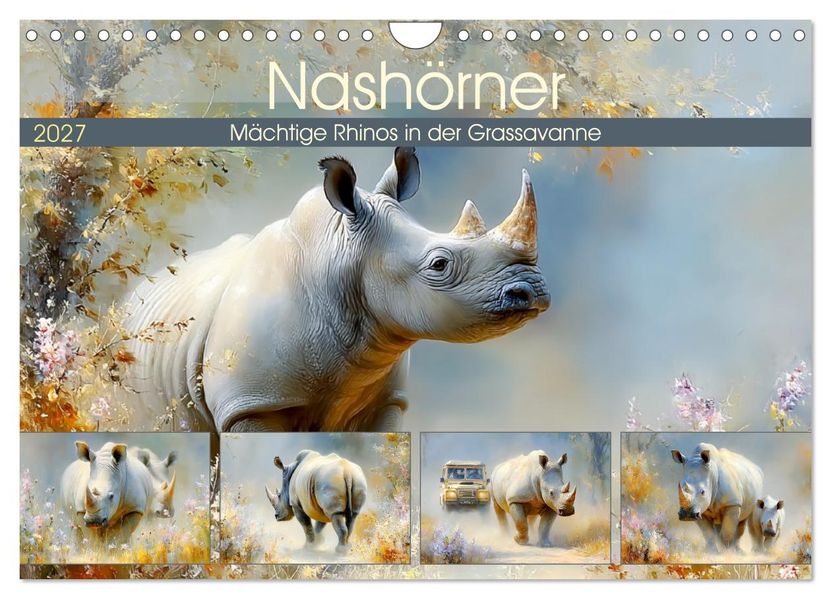 Nashörner. Mächtige Rhinos in der Grassavanne (Wandkalender 2027 DIN A4 quer) CALVENDO Monatskalender