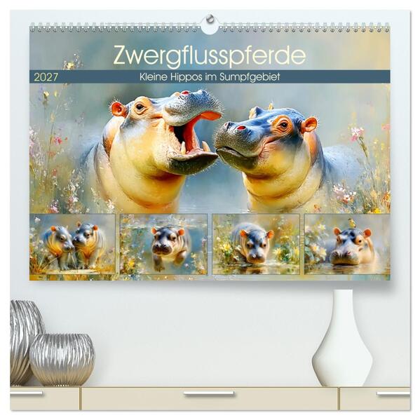 Zwergflusspferde. Kleine Hippos im Sumpfgebiet (hochwertiger Premium Wandkalender 2027 DIN A2 quer) Kunstdruck in Hochglanz