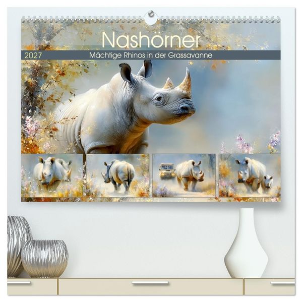 Nashörner. Mächtige Rhinos in der Grassavanne (hochwertiger Premium Wandkalender 2027 DIN A2 quer) Kunstdruck in Hochglanz