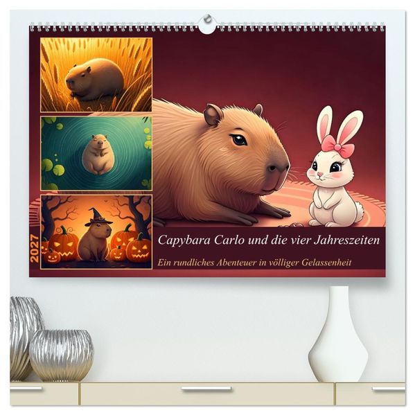 Capybara Carlo und die vier Jahreszeiten (hochwertiger Premium Wandkalender 2027 DIN A2 quer) Kunstdruck in Hochglanz