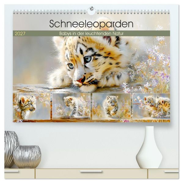 Schneeleoparden. Babys in der leuchtenden Natur (hochwertiger Premium Wandkalender 2027 DIN A2 quer) Kunstdruck in Hochglanz