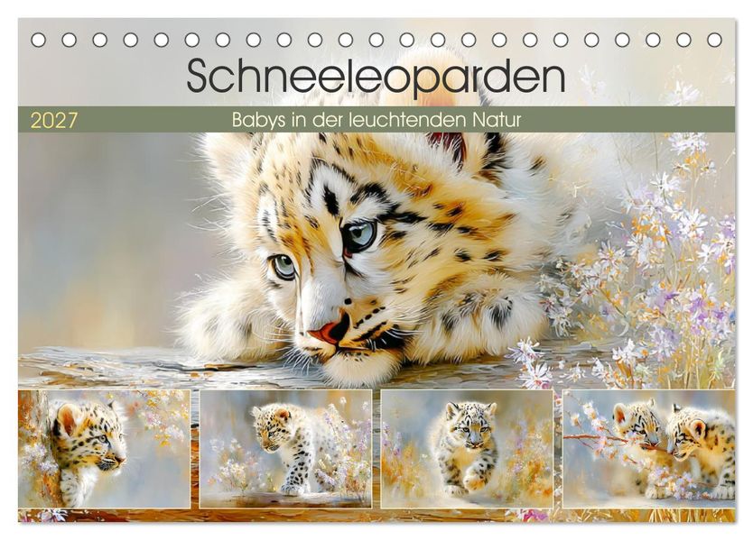 Schneeleoparden. Babys in der leuchtenden Natur (Tischkalender 2027 DIN A5 quer) CALVENDO Monatskalender