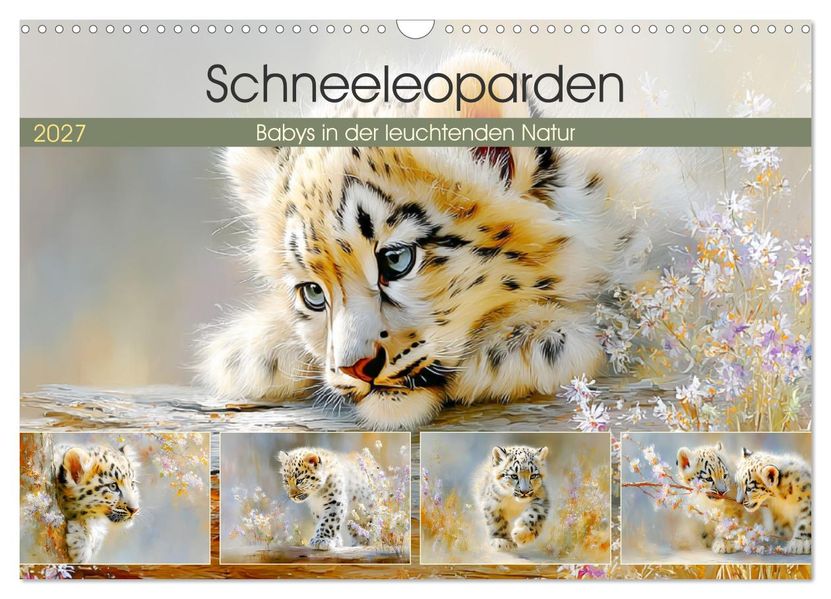 Schneeleoparden. Babys in der leuchtenden Natur (Wandkalender 2027 DIN A3 quer) CALVENDO Monatskalender
