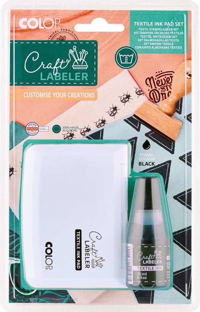 COLOP Craft Labeler Set Textil 1 Stempelkissen und Fläschchen mit 25 ml Tinte